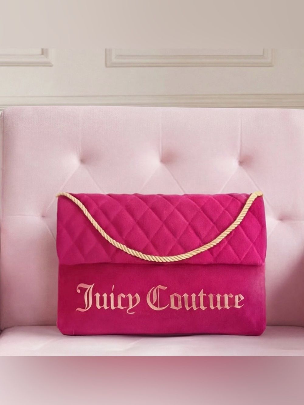 Juicy Couture Hot Pink w/Gold Rope & Embroidered Logo Purse Style Pillow NWT - Picture 2 of 8